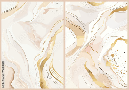 Set of Modern fluid watercolor, white and gold marble backgrounds, alcohol ink paintings, elegant card design for birthday invite, wedding, boho wall art. Vector pastel illustrations.