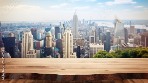 The empty wooden table top with blur background of city skyline. Exuberant image. generative AI © Summit Art Creations