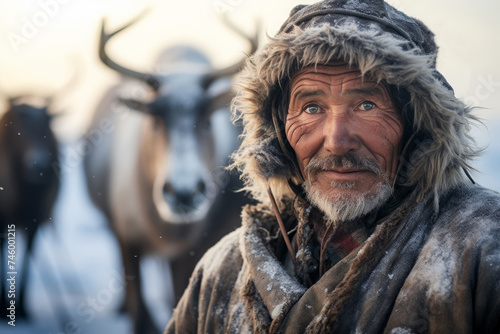 an elderly man is a reindeer herder with a herd of deer in the tundra on a pasture. photo