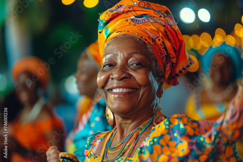 Joyful African Woman Celebrating At Festive Event In Traditional Attire