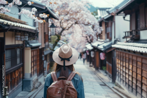 Solo Traveler Walking Through Cherry Blossom Lined Street