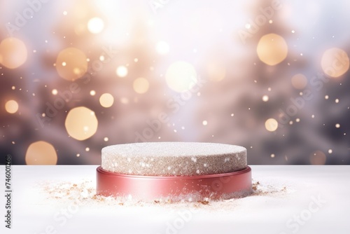 Podium with background soft bokeh, podium for product presentation, stage showcase, promotion display, Christmas, New year, 3D.