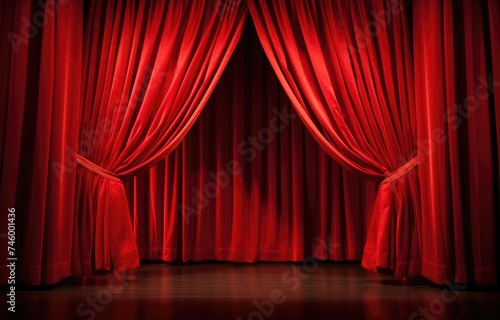 Red theater curtain. Luxurious silky velvet tiled drapes texture.