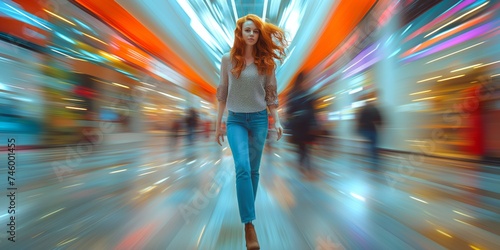 young red-headed Caucasian woman exudes youthful energy and confidence as she strikes a dynamic pose amidst the bustling motion of a contemporary shopping mall. © StockWorld