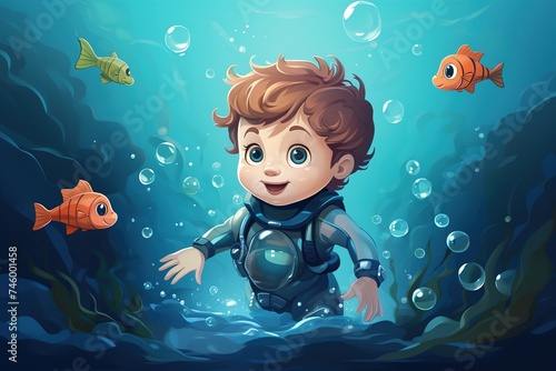 child swimming underwater in the sea with fish illustration