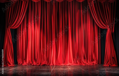 Red theater curtain. Luxurious silky velvet tiled drapes texture.
