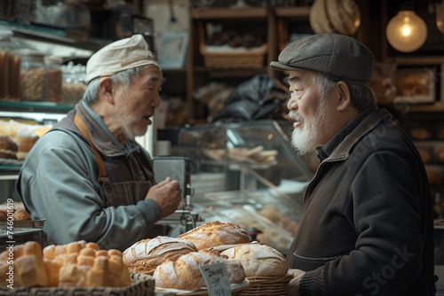 A bakery scene captures the moment of interaction between a vendor and a customer amidst an assortment of fresh bread