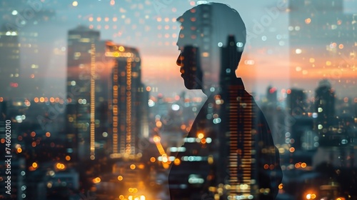 The double exposure image of the business man standing back during sunset overlay with cityscape image, The concept of modern life, business, city life and internet of things, generative ai © OP38Studio