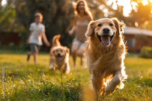 Golden Hour Bliss A Joyful Family and Their Adorable Golden Retriever Dog Playing Together on a Beautiful Backyard Lawn.