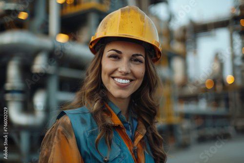 Smiling Female Engineer with Hard Hat at Industrial Plant © artem