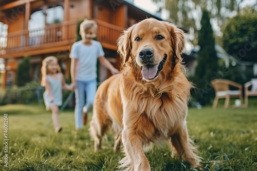 Golden Hour Bliss A Joyful Family and Their Adorable Golden Retriever Dog Playing Together on a Beautiful Backyard Lawn.