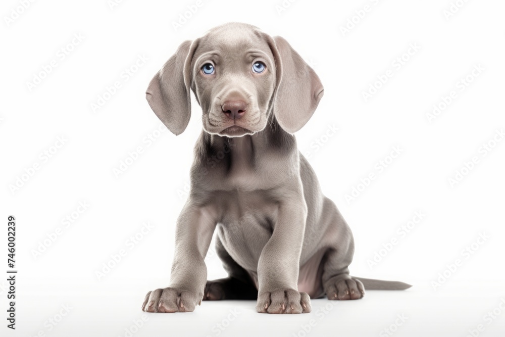 a grey weimaraner puppy on a white background. a pet. a breed of dog.