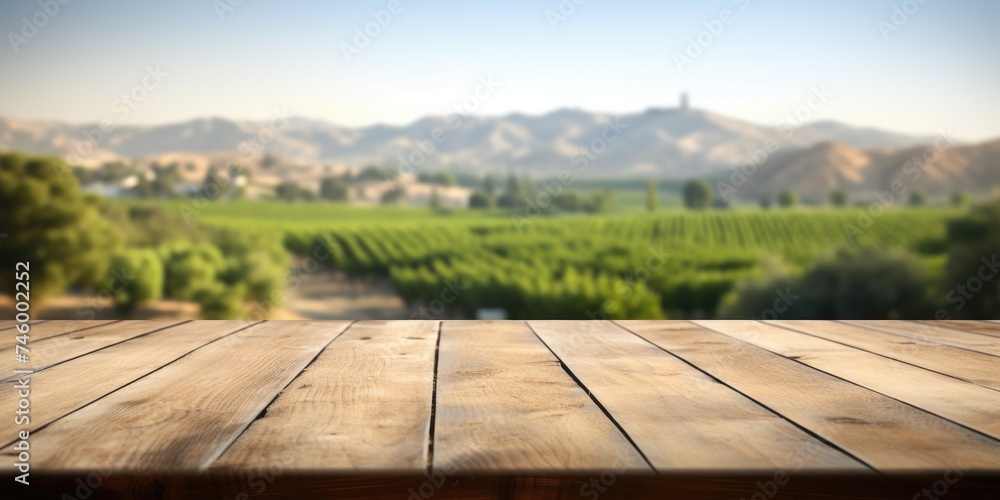 The empty wooden brown table top with blur background of Napa hill landscape. Exuberant image. generative AI