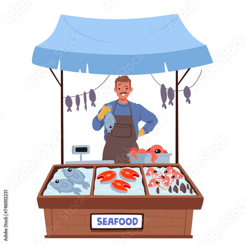 Farmer Character Stands Proudly At His Seafood Stall, Showcasing A Glistening, Fresh Fish In Hand, Vector Illustration