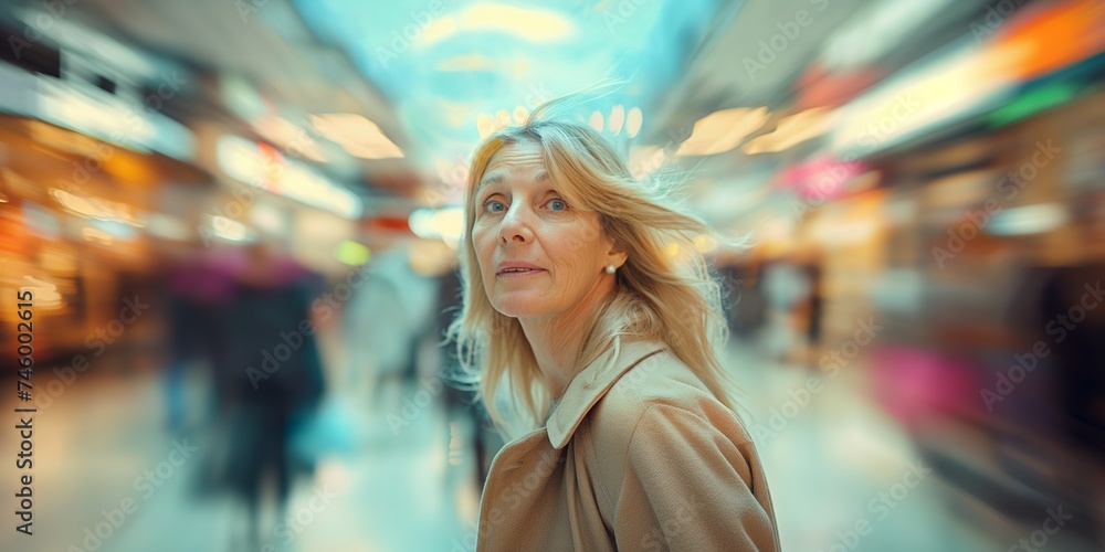 mature blonde Caucasian woman exudes confidence and sophistication as she strikes a dynamic pose against the blurred backdrop of a modern, motion-blurred shopping mall, bustling with shoppers.
