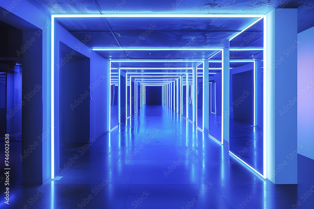 Futuristic corridor with neon lighting and mirrors.