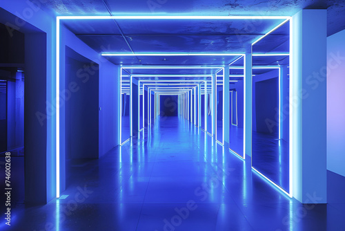 Futuristic corridor with neon lighting and mirrors.