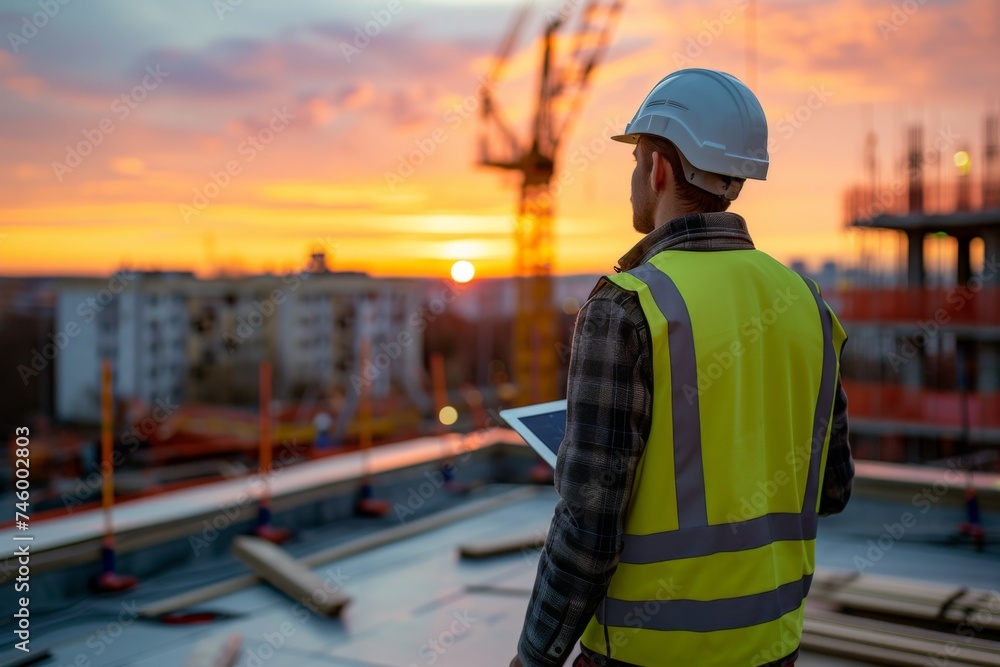 A man wearing a safety vest stands at a construction site, carefully examining the progress of the work A man wearing a safety vest stands at a construction site, carefully examining the progress of the work