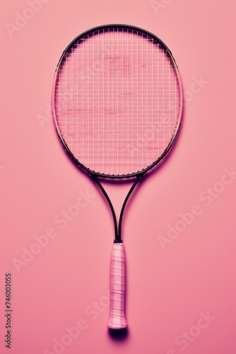A badminton racket lying on a vibrant pink background, showcasing sports equipment in a simple and clean composition © artem