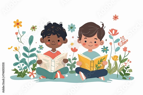 Children's reading a book together. International Children's Book Day illustration