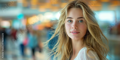 young blonde Caucasian woman exudes vibrant energy and confidence, striking a dynamic pose against the blurred backdrop of a modern, motion-blurred shopping mall filled with bustling shoppers.