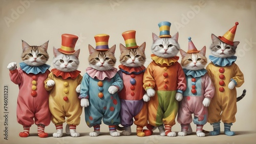 "A group of cats dressed as clowns, each with their own unique and hilarious costume. Rendered in a variety of styles, from abstract and surreal to classic and traditional."