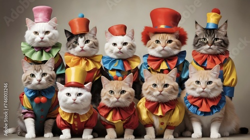 "A group of cats dressed as clowns, each with their own unique and hilarious costume. Rendered in a variety of styles, from abstract and surreal to classic and traditional." © Zulfi_Art