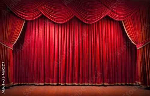 Red theater curtain repeat pattern for performance or promotion backdrop. Luxurious silky velvet tile drapes texture.