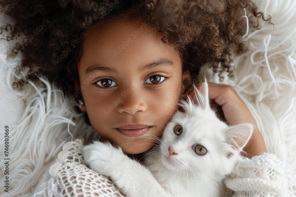 studio fashion shot of natural beauty African American girl with white kitten studio fashion shot of natural beauty African American girl with white kitten