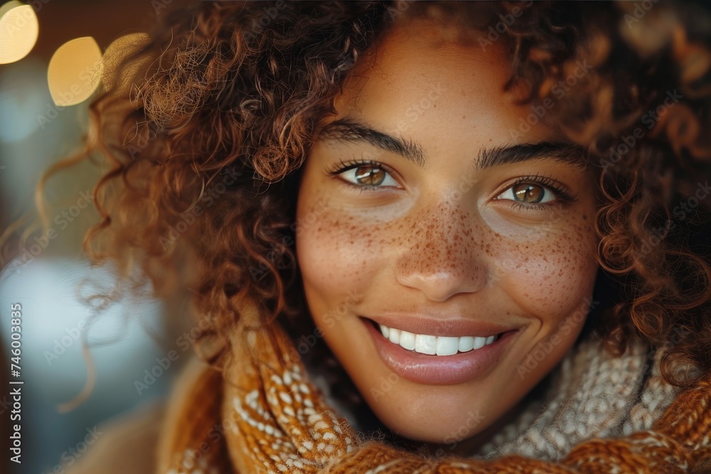 Close-up of a woman with curly hair and freckles smiling warmly, wearing a cozy scarf Close-up of a woman with curly hair and freckles smiling warmly, wearing a cozy scarf