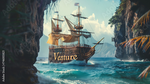 Pirate Ship Sailing on High Seas with 'Venture' Inscription