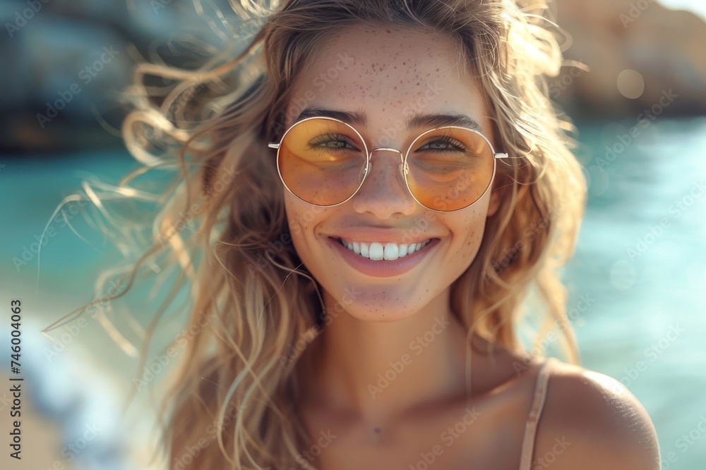Smiling young woman wearing round sunglasses enjoying a sunny beach day Smiling young woman wearing round sunglasses enjoying a sunny beach day