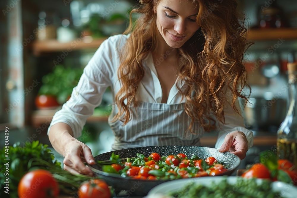 A woman carefully seasoning a pan of fresh cherry tomatoes and herbs in a kitchen setting A woman carefully seasoning a pan of fresh cherry tomatoes and herbs in a kitchen setting