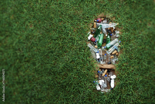 Concept plastic pollution, human footprint in green grass filled with trash, plastic waste, humanity's legacy. 3D rendering, Copy Space