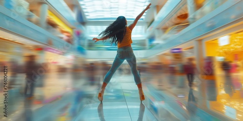 A young black-haired Caucasian woman exudes vitality and confidence, striking a dynamic pose against the blurred backdrop of a modern, motion-blurred shopping mall filled with bustling shoppers.
