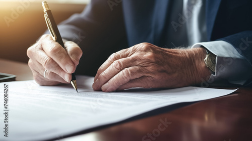Closeup hand old man elderly examining and signing last will and testament. Last Will and Testament Concept. 