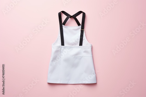 A white apron with contrasting black straps laid out flat against a soft pink background photo