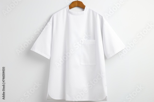 White apron displayed on a wooden hanger against a clean white background