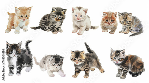 Cute fluffy tabby kittens bundle isolated on white watercolor illustration clipart