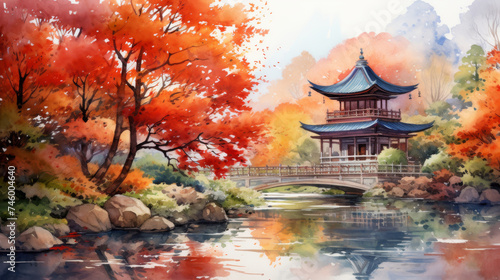 Japanese temple shrine and red maple garden in autumn  tranquil watercolor painting