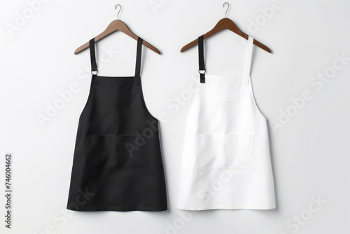 A set of two aprons, one black and one white, presented on hangers for a clean mockup, perfect for showcasing print designs