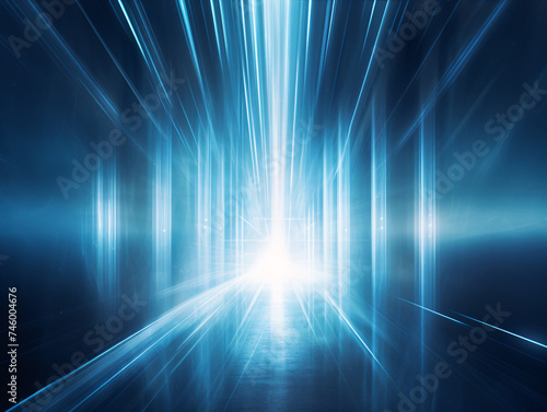 Majestic blue light teleportation gateway opens divine energy and light, abstract background