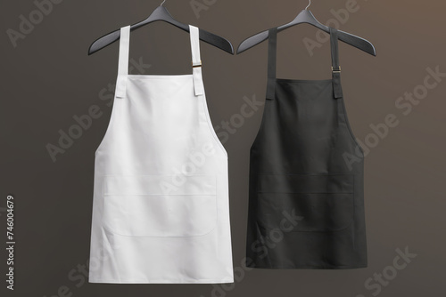 A striking pair of white and black aprons, each hanging gracefully, showcase a blend of functionality and style