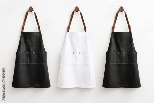 A set of three aprons, two black and one white, with elegant leather straps and pockets, presented against a neutral backdrop