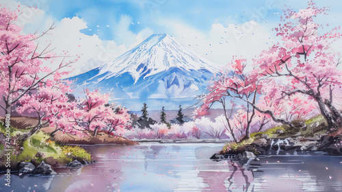 Mountain Fuji in spring with river and japanese sakura cherry blossom tree  tranquil watercolor painting