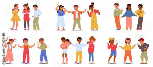 Set Of Kids Mediators Calmly Listens To Fighting Friends, Encourages Open Communication, And Suggests Compromises