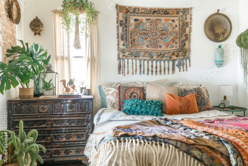Boho chic bedroom interior with layered textiles, eclectic artwork
