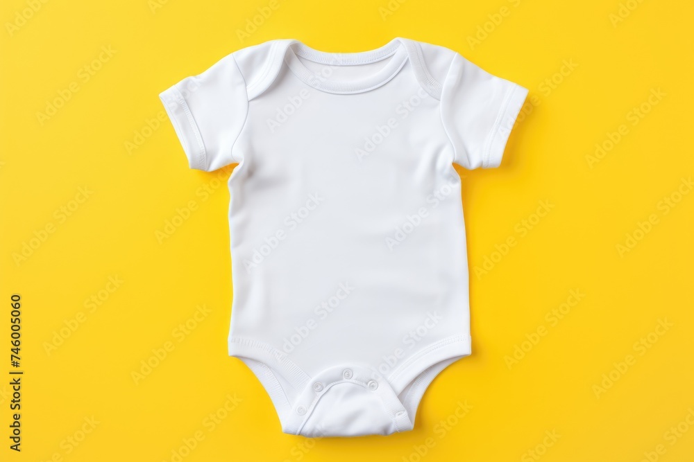 Modern and minimalistic white baby bodysuit mockup against a yellow background, perfect for product presentations Modern and minimalistic white baby bodysuit mockup against a yellow background, perfect for product presentations