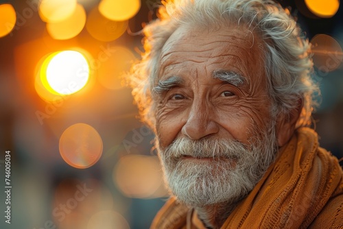 A portrait of a joyful elderly man with twinkling eyes, white beard, and bokeh lights in the background