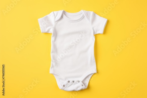 Elegant white infant bodysuit on a yellow surface, a mockup that combines sophistication with babywear photo